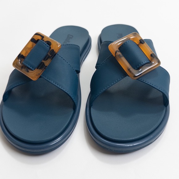 Olukai La'i Slide Sandals Women 8 Blue Tortoise Buckle Comfort Slip-On 31473-00 - Picture 3 of 16